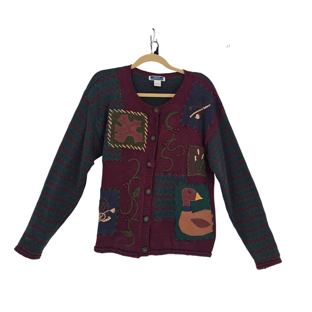 Vintage‎ Bryn Connelly Patchwork Embroidered Cardigan M Burgundy Artsy Teacher